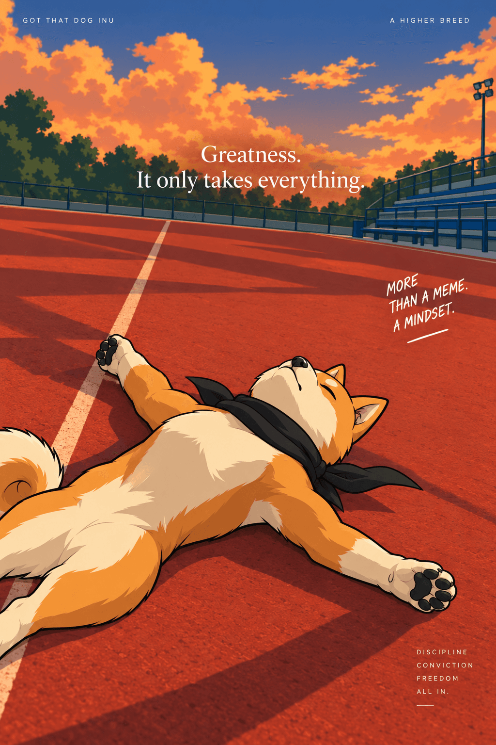 Dog INU lying on a running track at sunset: greatness, it only takes everything